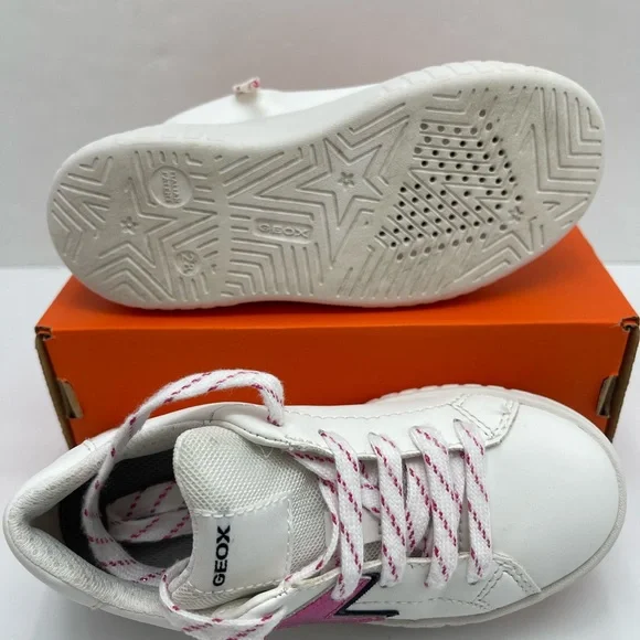 Geox Kids White Leather Sneakers with Pink Lightning Bolt with orthopedic insole - Picture 14 of 16